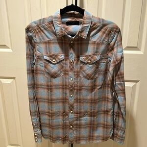 Men’s All Saints Small, Blue/Brown Plaid, Button Down Shirt.